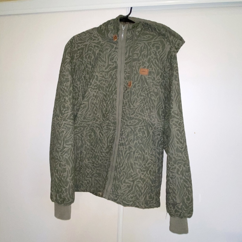 Large, green camo zip up jacket with hoody